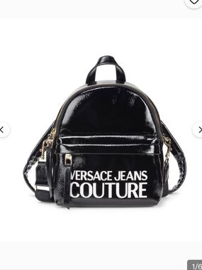 Versace Jeans Collection Black Patent Logo Mini Backpack
